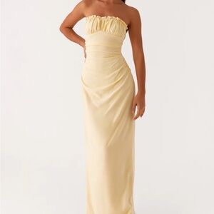 Peppermayo Yellow Ruched Sweetheart Maxi Dress